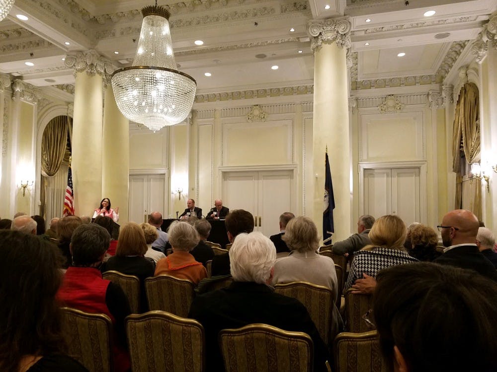 <p>In the Empire Room at the Jefferson Hotel, Todd Sechser of the University of Virginia (left) and Col. Lawrence Wilkerson of the College of William &amp; Mary (right) discussed the "North Korea Dilemma."&nbsp;</p>
