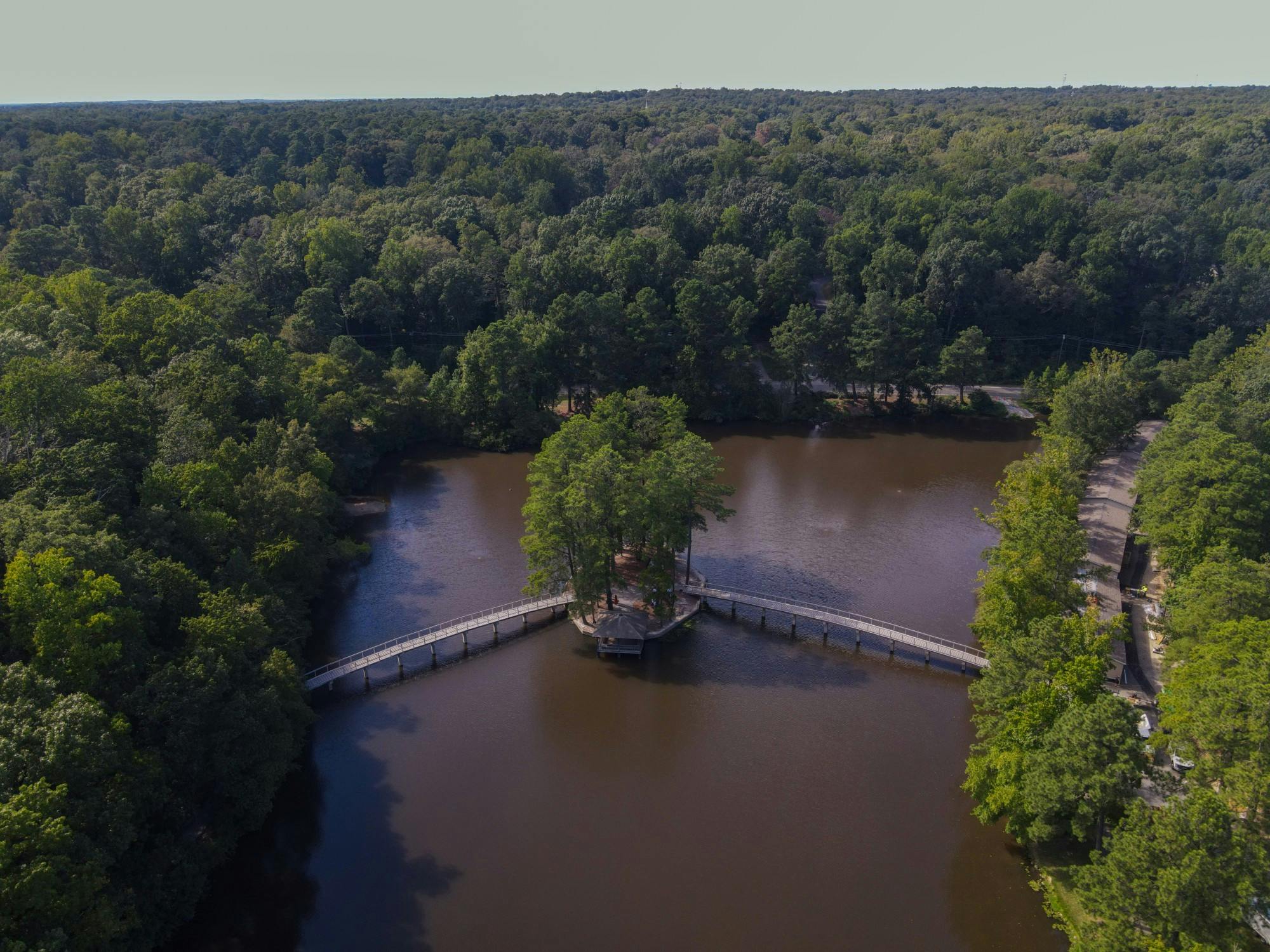 The gazebo rests in the middle of Westhampton lake on Sep. 6, 2020.