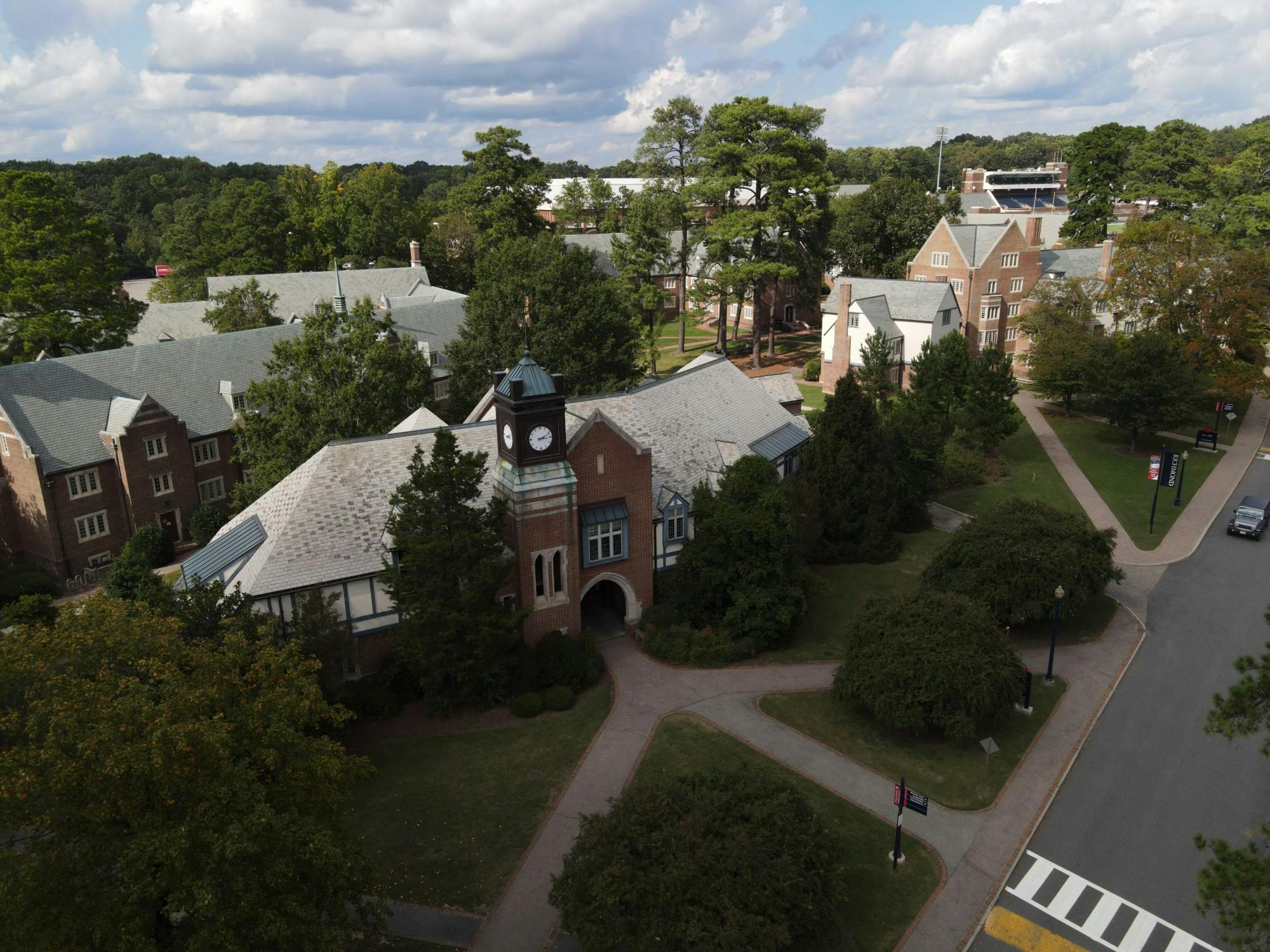 Whitehurst, the seat of Richmond College, overlooks many of the residence and academic buildings.