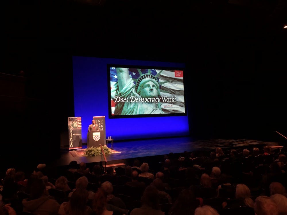 Richmond Mayor Levar Stoney spoke about voter disenfranchisement at a Jepson Leadership Forum event on Wednesday, Nov. 28 in the Alice Jepson Theater. 