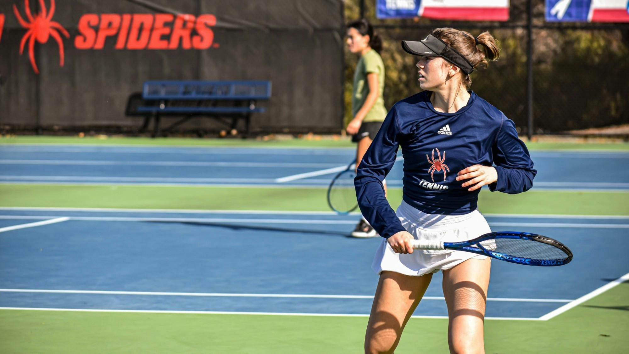 UR junior Leonor Oliveira during her match against Norfolk State on Feb. 9. Photo courtesy of Richmond Athletics.&nbsp;