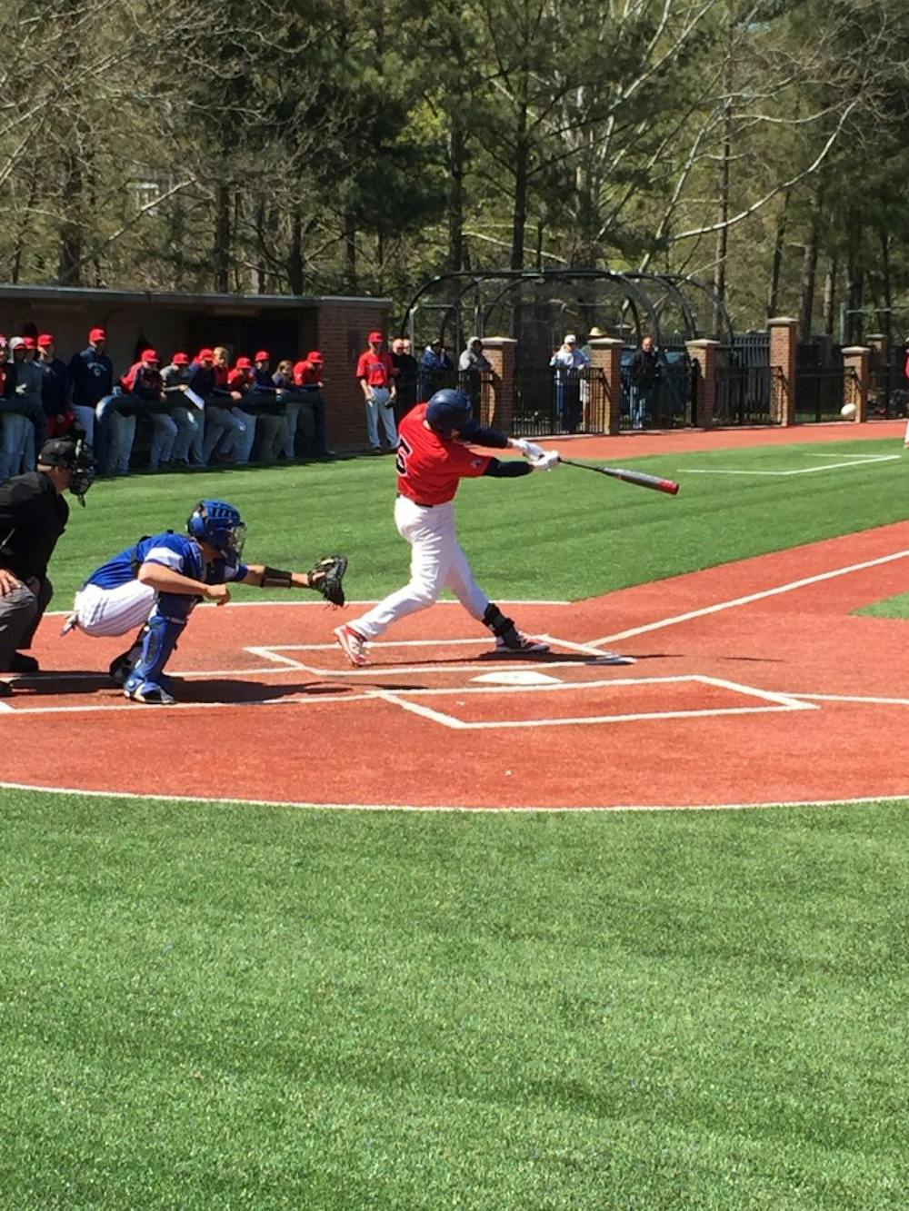 <p>Jansen Fraser swings at what would end up as a double during this weekend's series against Saint Louis.&nbsp;</p>