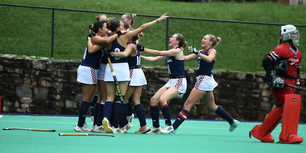 The University of Richmond women's field hockey team celebrating after a goal against Davidson College. Courtesy of Richmond Athletics. 