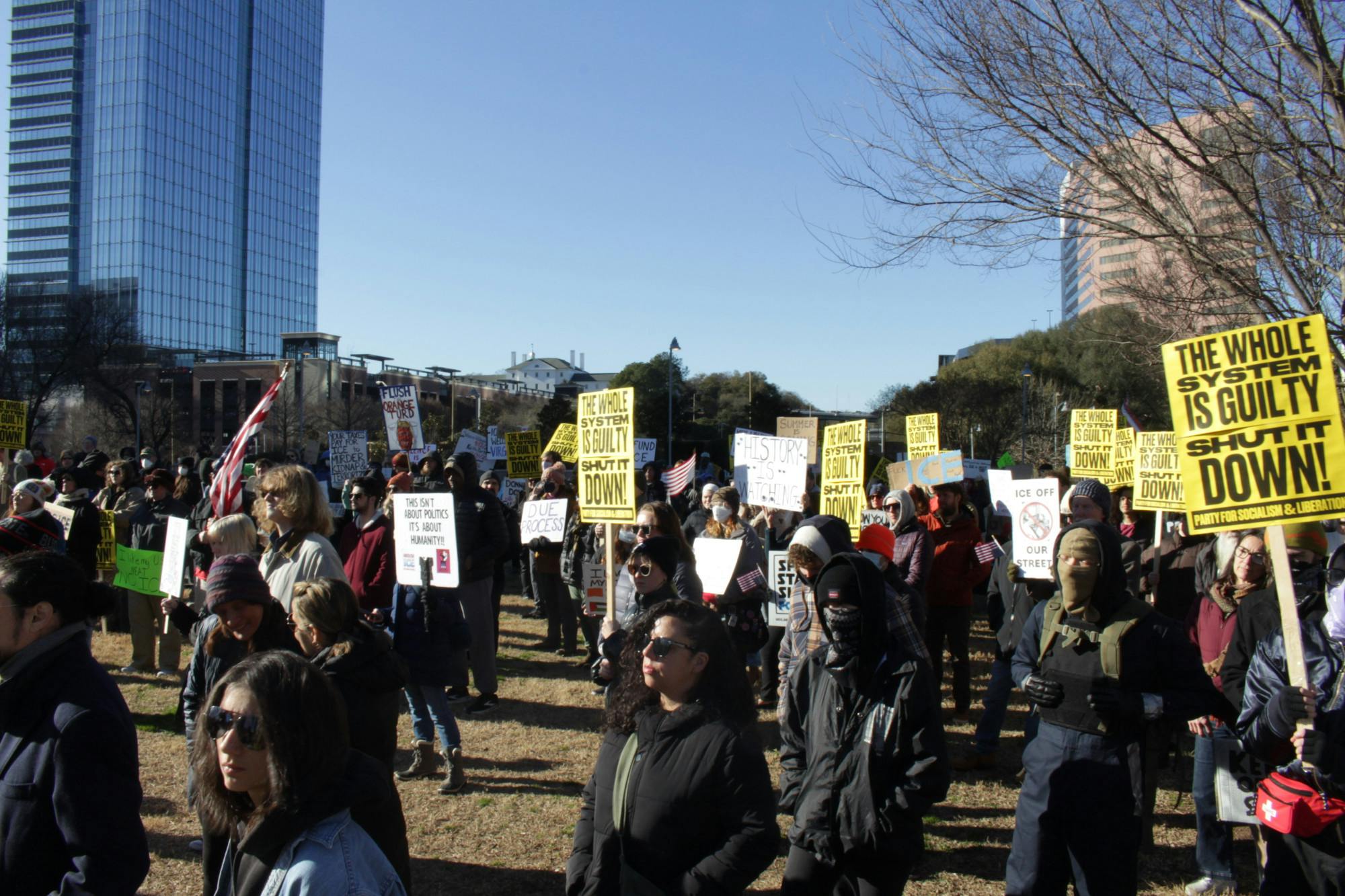 Protesters listening to speakers at walkout on Jan. 20.&nbsp;