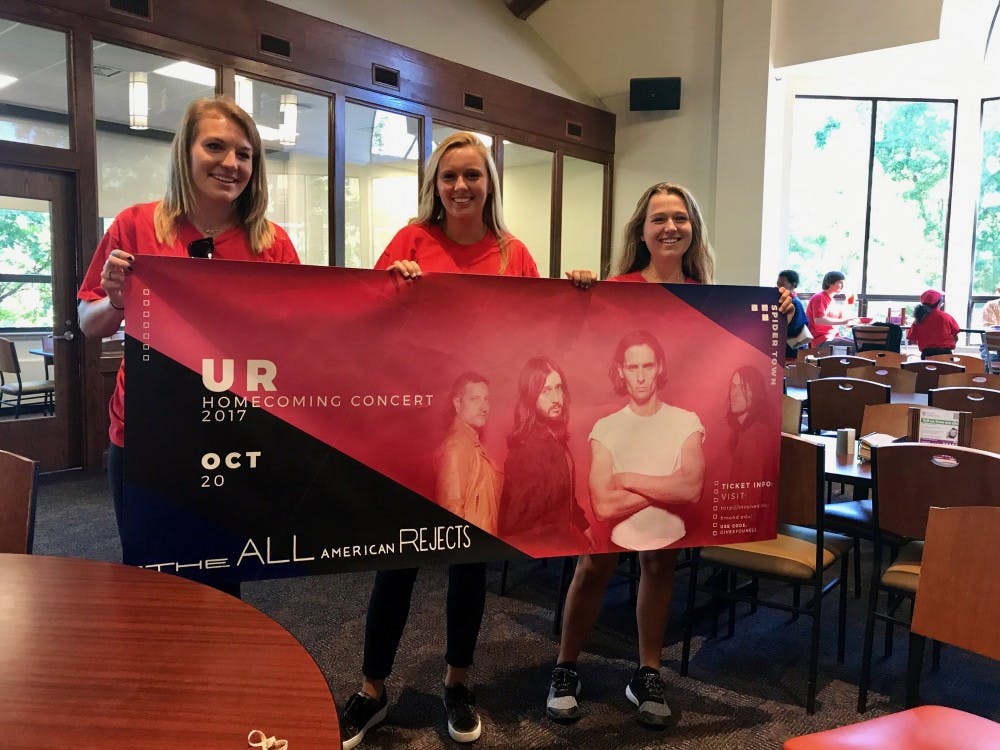 <p>SpiderBoard members (from left)&nbsp;Sophie Kieftenbeld, Stephanie Ellicott&nbsp;and&nbsp;Alex Stapleton present the homecoming concert headliner: The All American Rejects.</p>