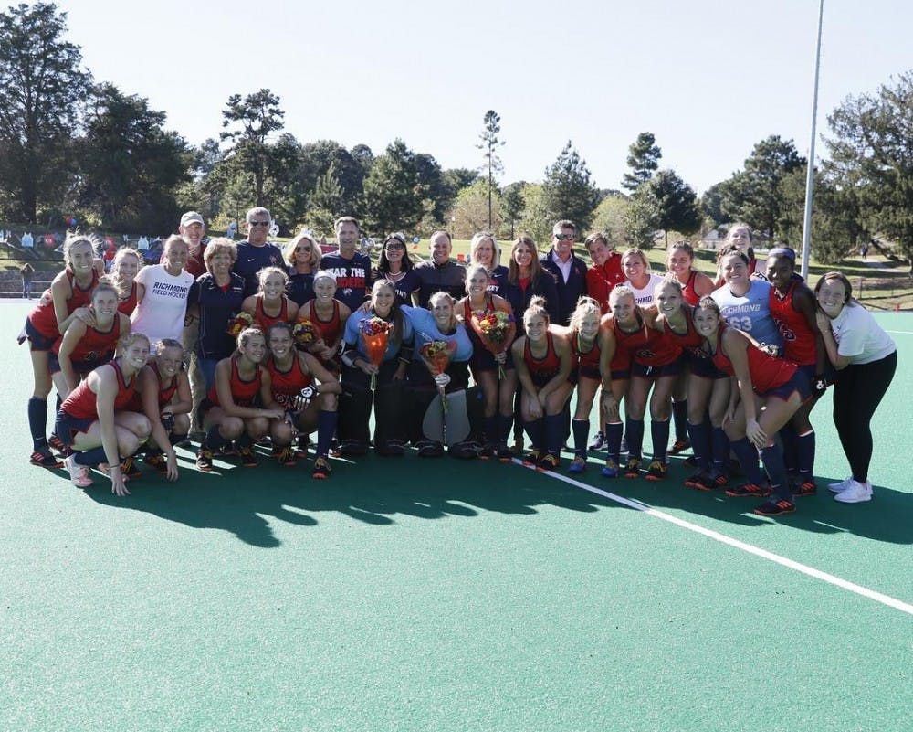 <p>The University of Richmond field hockey team celebrates their senior day after a 2-0 win over Davidson on October 19th.<em> Photo courtesy of </em><a href="https://www.instagram.com/spider_hockey/" target="_blank"><em>Spider Field Hockey Instagram</em></a><em>.</em>&nbsp;</p>