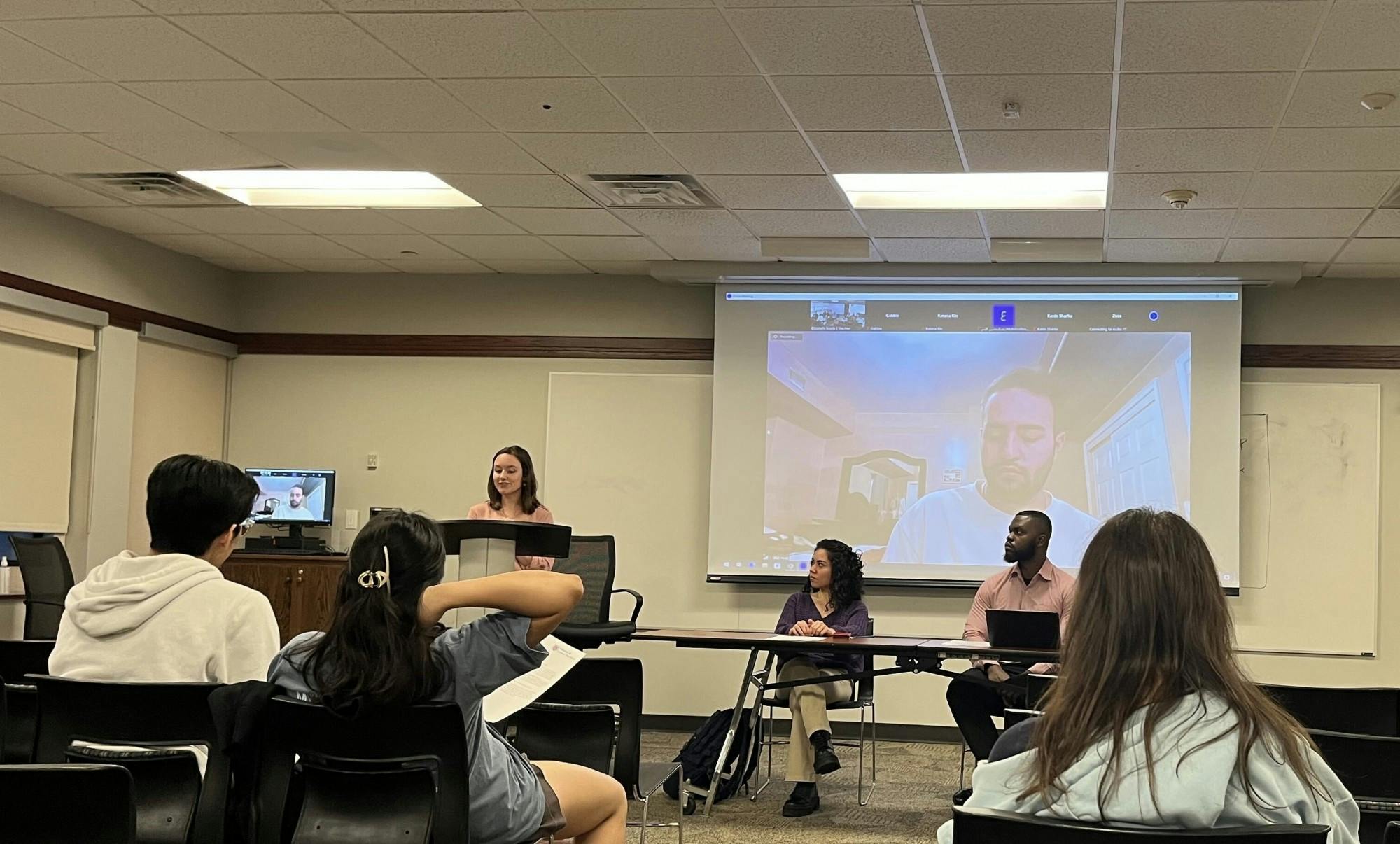Bilal Hindi, ‘20 speaks on his journey of securing a job in the United States to students at the alumni career panel on March 2.&nbsp;