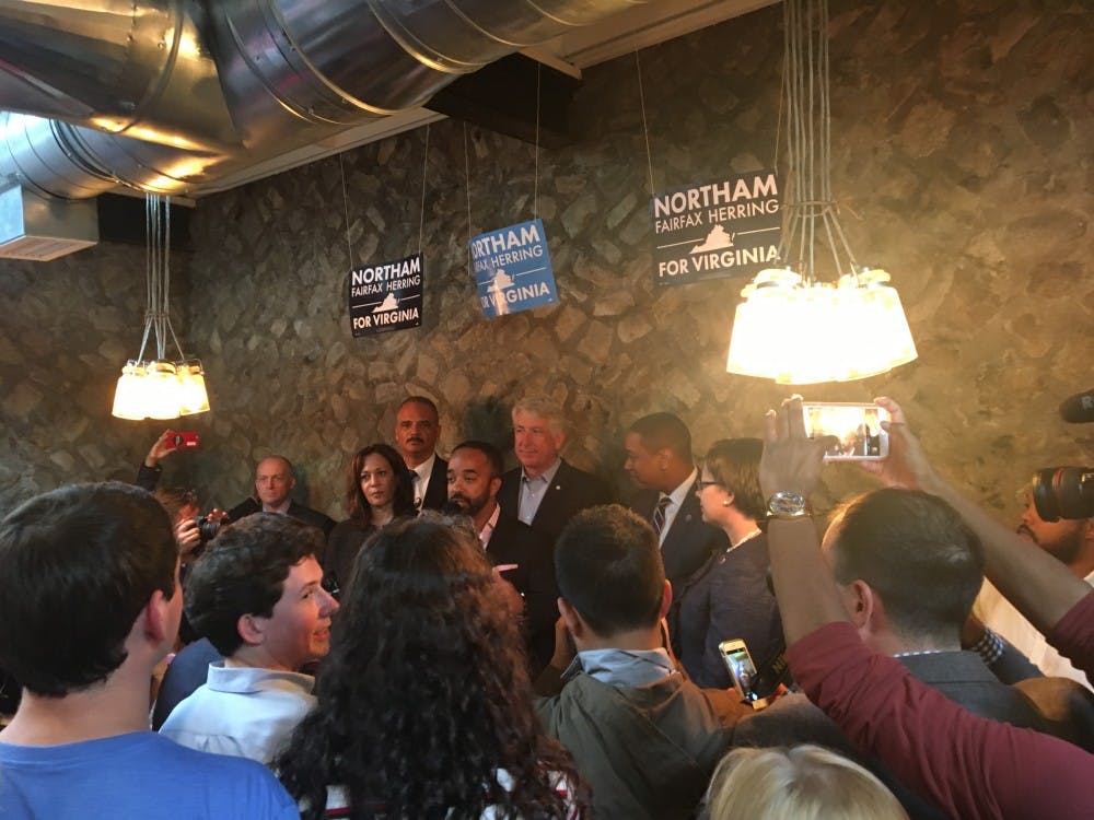 Guest speakers gather at&nbsp;a campaign rally for the gubernatorial democratic ticket.&nbsp;From top left: Eric Holder, Mark Herring, Justin Fairfax, Jennifer McClellan; from bottom right: Kamala Harris, Jeff Bourne.