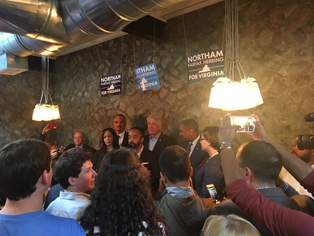 <p>Guest speakers gather at&nbsp;a campaign rally for the gubernatorial democratic ticket.&nbsp;From top left: Eric Holder, Mark Herring, Justin Fairfax, Jennifer McClellan; from bottom right: Kamala Harris, Jeff Bourne.</p>