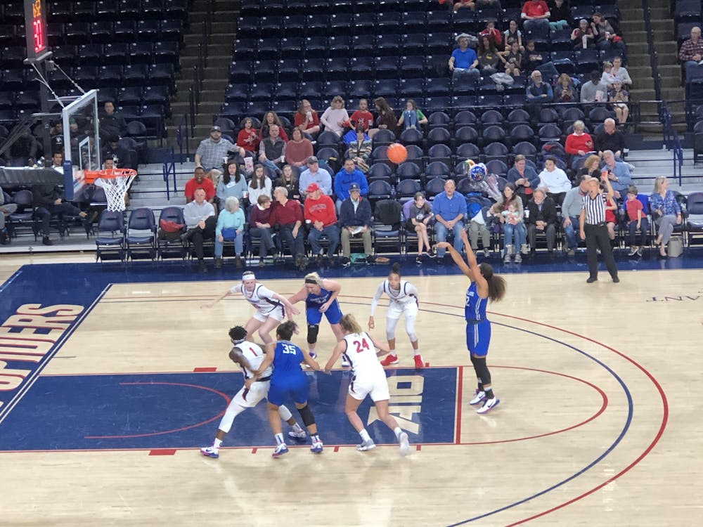 <p>A player from the Saint Louis Billikens shoots a free throw during a home game at the Robins Center on Wednesday, Feb. 26, 2020. The Spiders lost 60-57.</p>