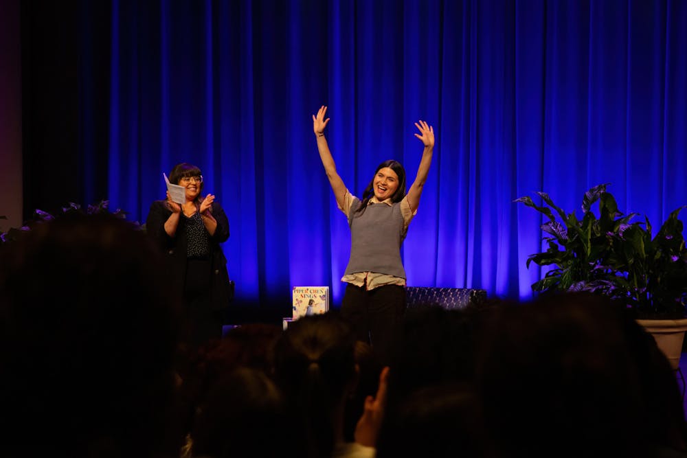 <p>Broadway star Phillipa Soo waves to an audience at the University of Richmond on Thursday, Nov. 6. Courtesy of the University of Richmond</p>
