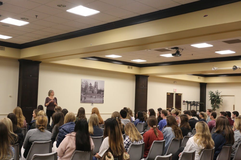 <p>Sarah Byrden addresses students in her talk focused on the power of speaking openly about sex. <em>Photo courtesy of Sarah Byrden</em></p>