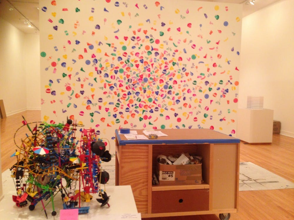 The Crooked Data exhibition in the process of properly being installed in the Joel and Lila Harnett Museum of Art.