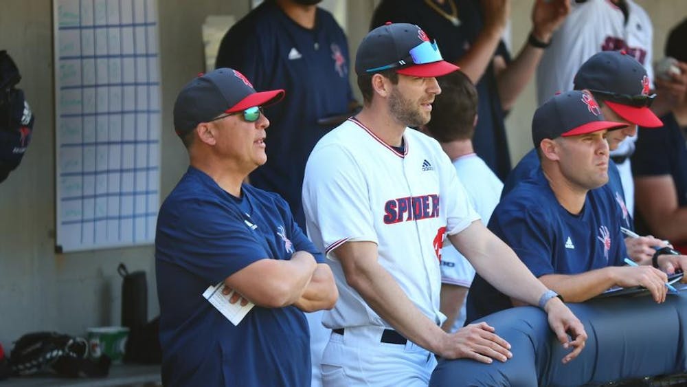 Head coach Mik Aoki during the April 16 game against Longwood University. Courtesy of Richmond Athletics.