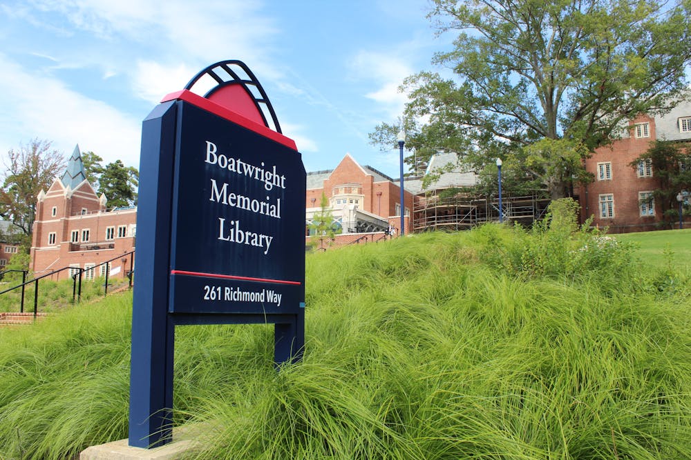 A sign in front of Boatwright Memorial Library, which is currently under construction. 