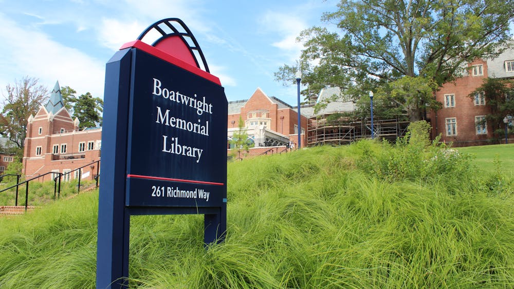 A sign in front of Boatwright Memorial Library, which is currently under construction.