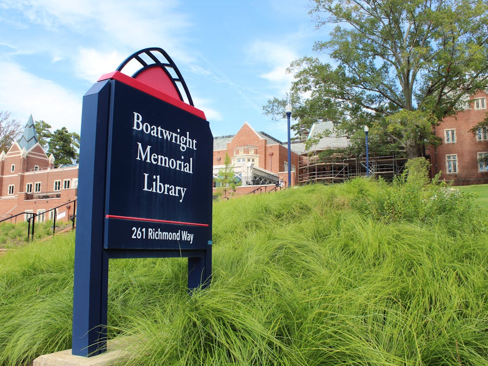 A sign in front of Boatwright Memorial Library, which is currently under construction.