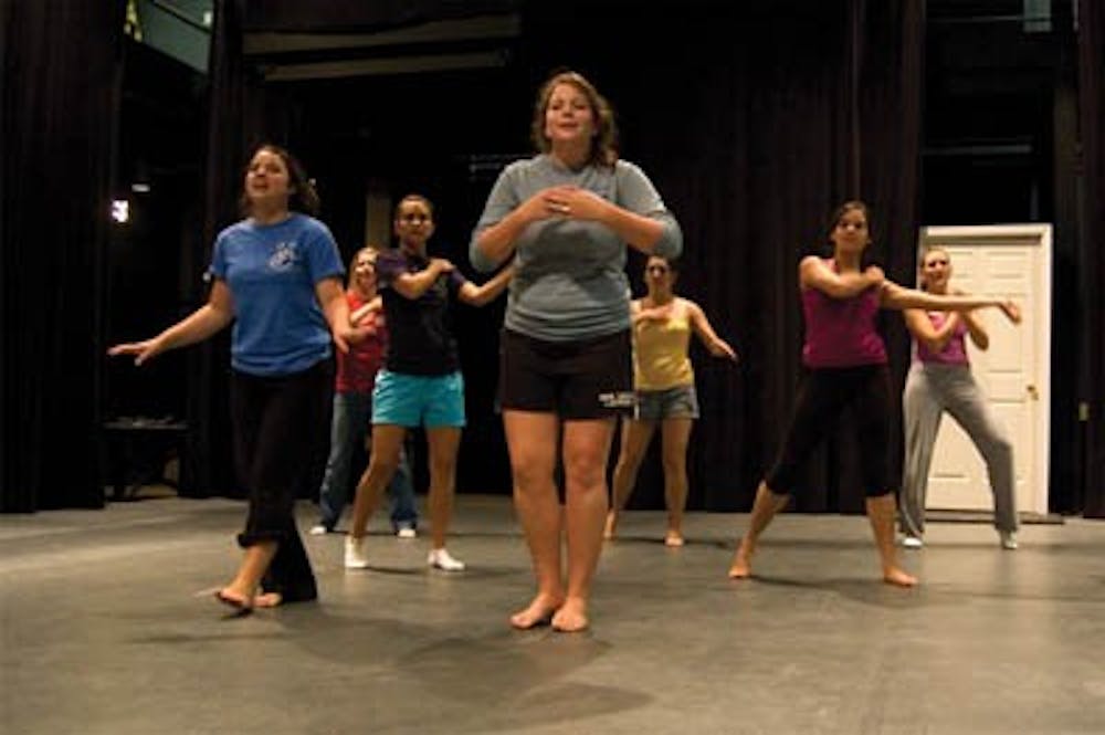 New Faces rehearsal, Tuesday, Sept 17th, 9pm.Pictured left to right: Shelby Brown '12 (blue), Alyssa Davis '12 (red), Bryarly Richards '12 (turqoise shorts), Maggie Brown '10 (light blue), Jordan Stewart '12 (yellow), Nina Antani '10 (purple), Caitlin Smith '12 (grey pants).