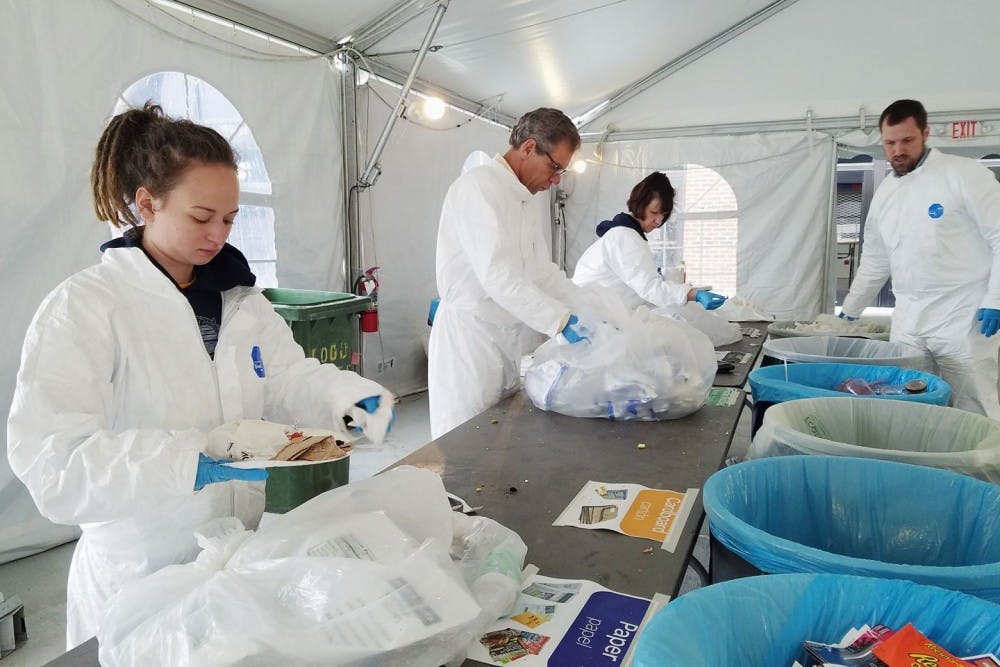 <p>Volunteers help sort compostable, recyclable and landfill waste to find out how much was diverted from the landfill during the zero-waste game. Photo courtesy of&nbsp;the University of Richmond Sustainability Facebook page.</p>