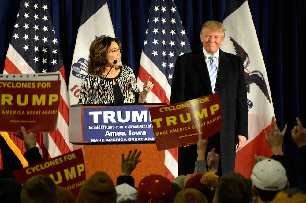 <p>Donald Trump (right), who recently received an endorsement from former Vice Presidential candidate Sarah Palin (left), turned some heads when he skipped the Republican's finale debate ahead of the Iowa Caucus | Photo courtesy of&nbsp;Alex Hanson/Wikicommons</p>