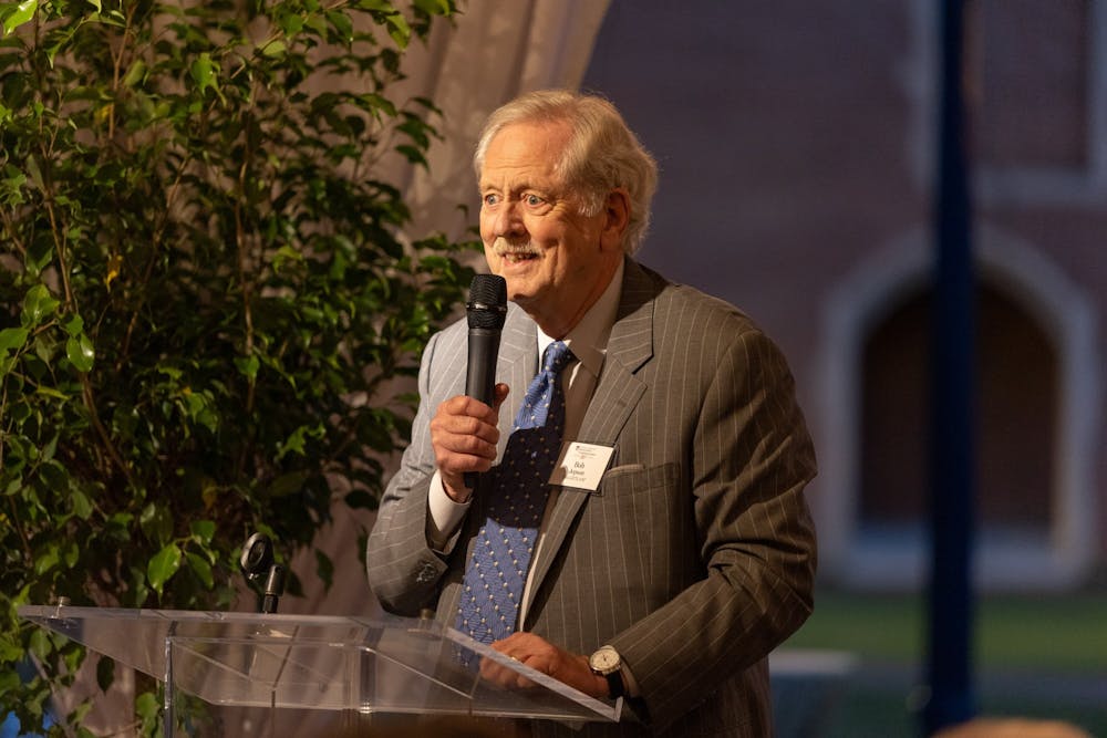 Bob Jepson speaking at the Jepson School of Leadership Studies 30th Anniversary event outside of Jepson Hall on Sept. 16, 2022.