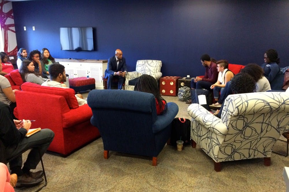 <p>President Crutcher addresses students in a discussion on Nov. 13, 2015.&nbsp;</p>