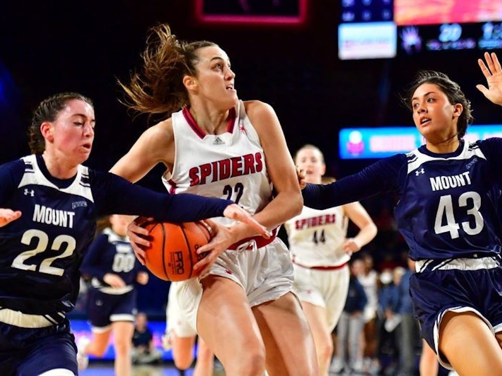 First-year guard Rachel Ullstrom goes up against Mount St. Mary's University's defense on Nov. 10 at the Robins Center. Photo courtesy of Stephen Blue/Richmond Athletics.&nbsp;
