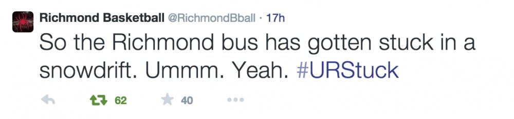 Richmond's initial tweet after the Will Bryan and the rest of the passengers realized they were stuck in a snow drift. Many more tweets followed.