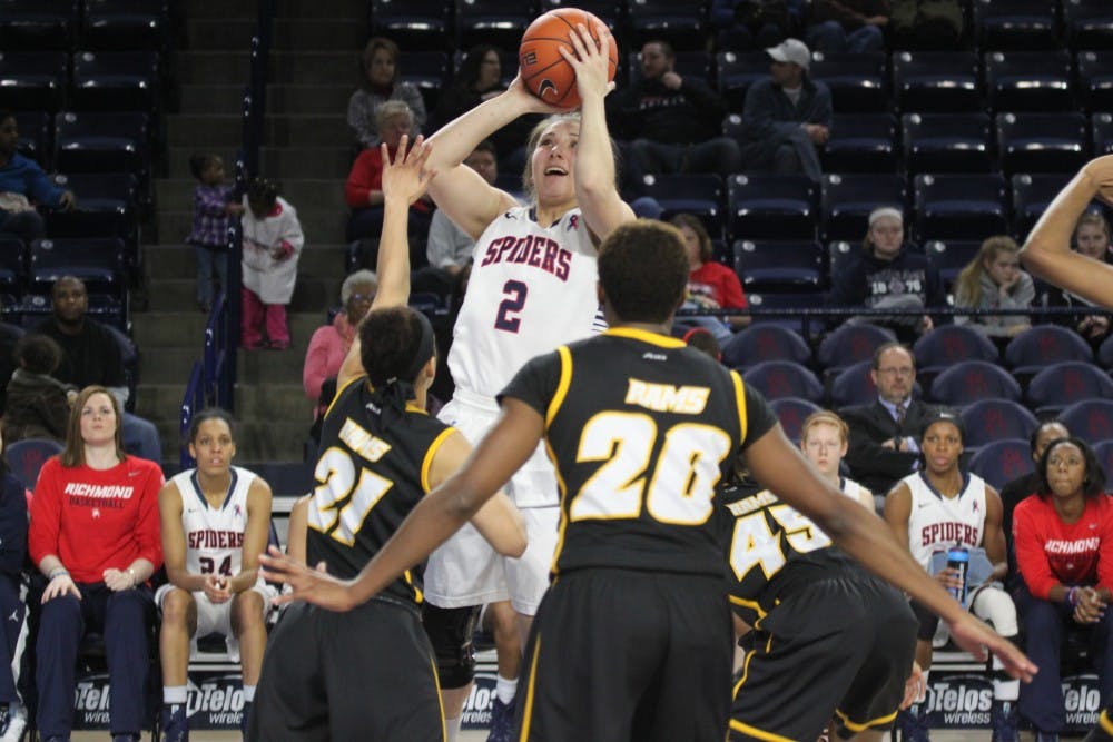 <p>Sophomore Olivia Healy takes a shot against VCU</p>