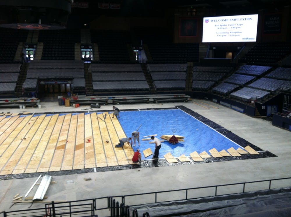 <p>A new floor was installed last year in the Robins Center.</p>