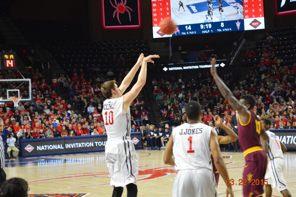 <p>TJ Cline shoots a 3-pointer during the first half. Cline finished with 19 points.</p>