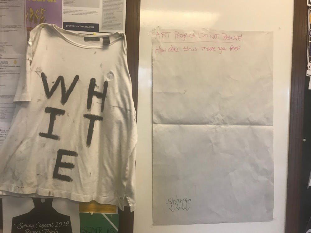 One of the pieces in Kidest Gebre's art project, which involved using white shirts as canvases for political discourse. Photo courtesy of Kidest Gebre.