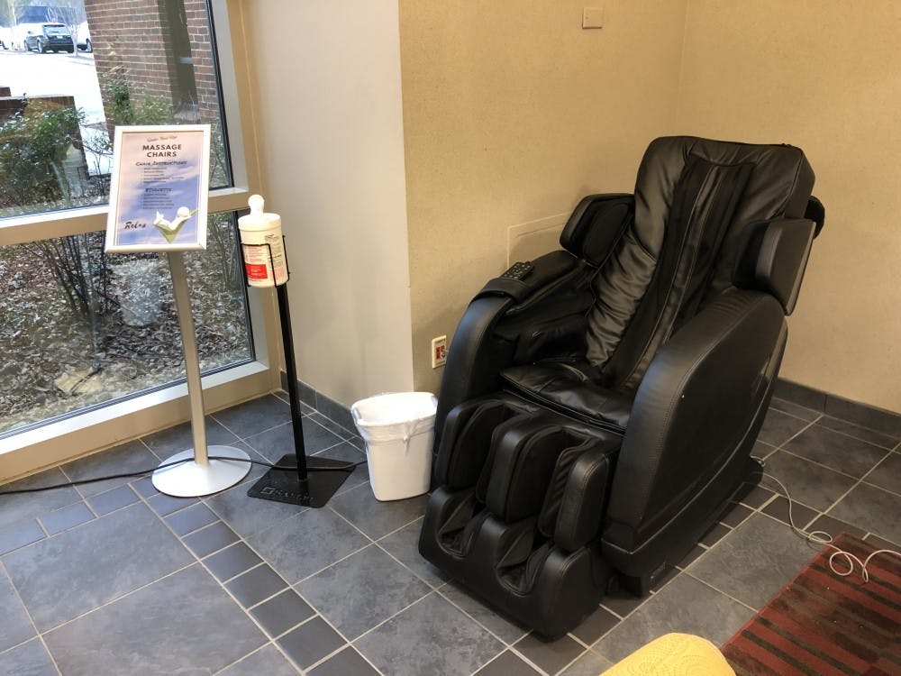 <p>A massage chair in its new location, the Weinstein Center for Recreation and Wellness.</p>