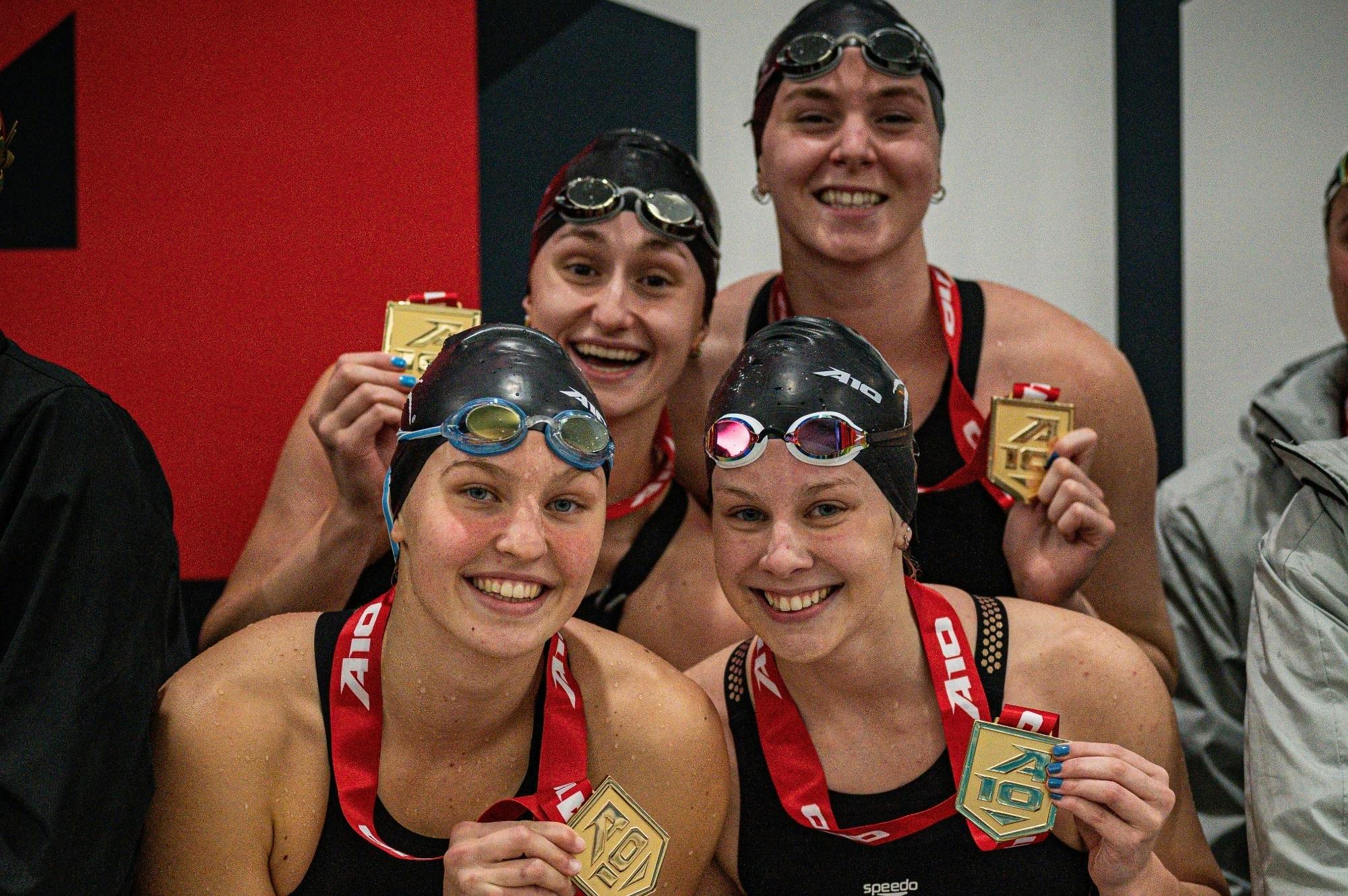 UR's 200 medley relay team after breaking the A10 record. Photo courtesy of Richmond Athletics.&nbsp;