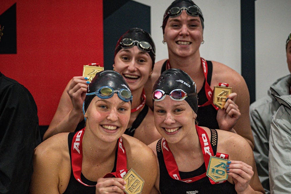 <p>UR's 200 medley relay team after breaking the A10 record. Photo courtesy of Richmond Athletics.&nbsp;</p>