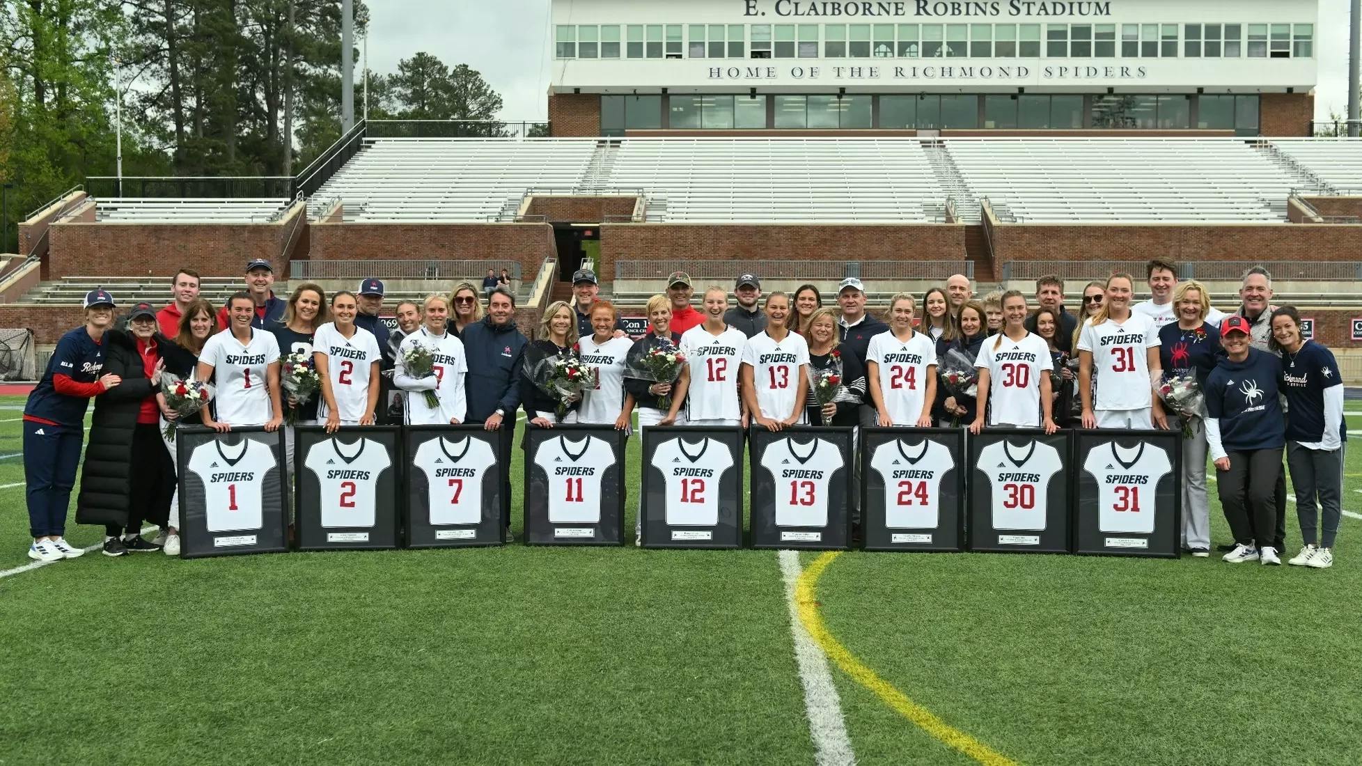 The UR women's lacrosse team celebrated Senior Day during at its April 12 game against the Duquesne Dukes. Courtesy of Richmond Athletics