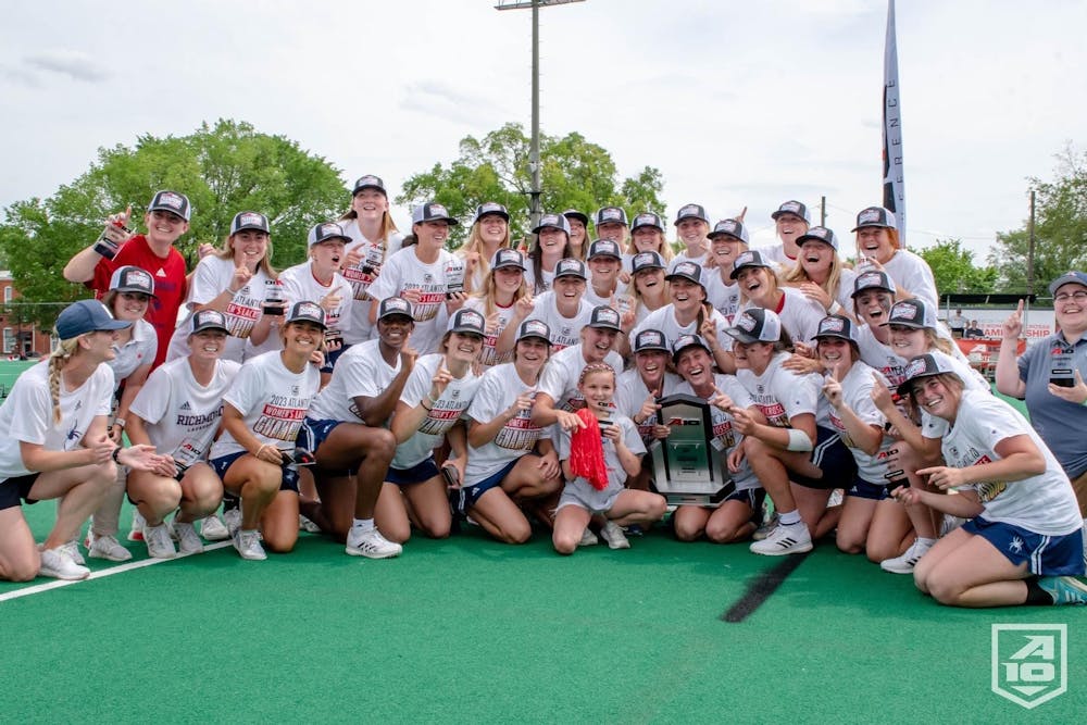 UR women's lacrosse team after winning the A10 championship against UMass on May 7. Photo courtesy of Richmond Athletics.&nbsp;