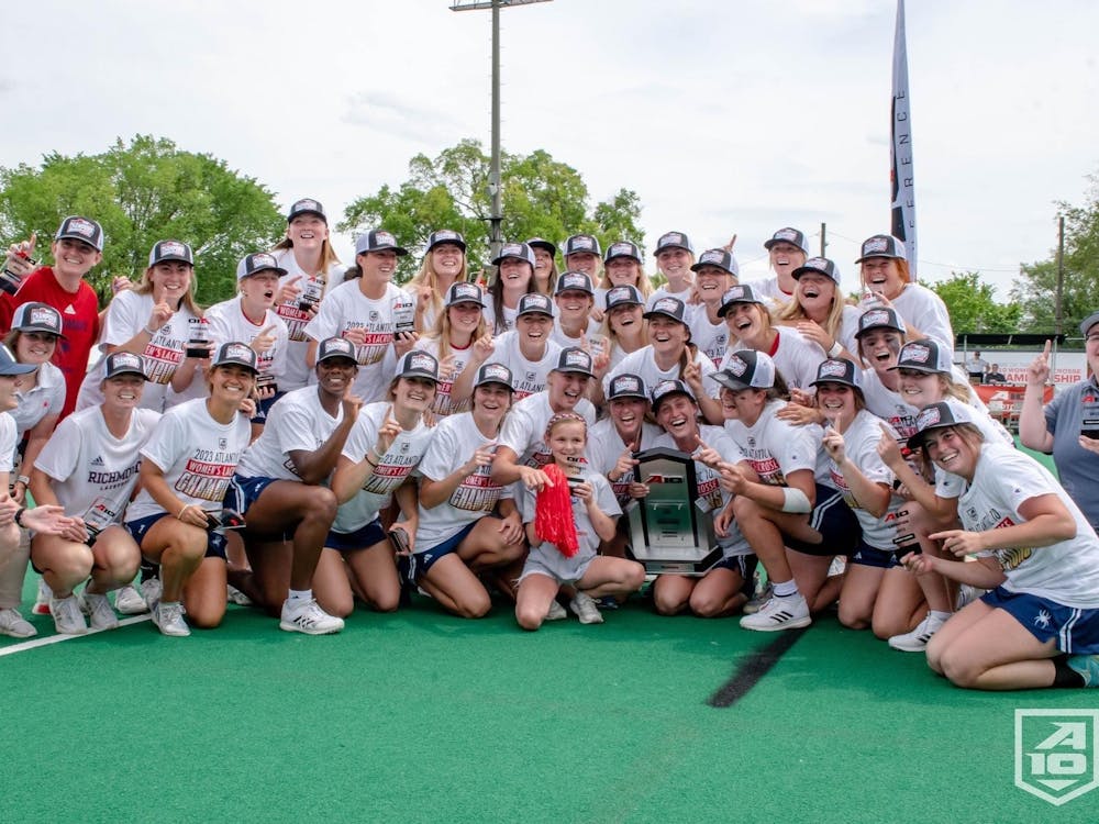 UR women's lacrosse team after winning the A10 championship against UMass on May 7. Photo courtesy of Richmond Athletics.&nbsp;