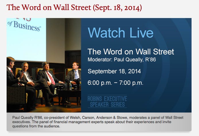 Paul Queally, University of Richmond board of trustees member, will moderate a panel of Wall Street executives Sept. 18.