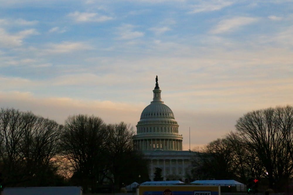The U.S. Capitol at dusk the day before Donald Trump's inauguration on Jan 19.