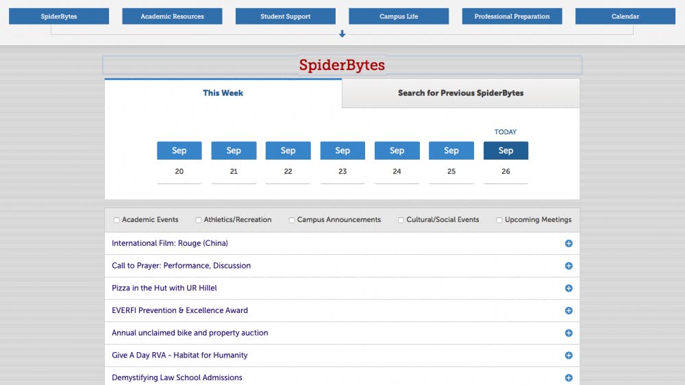 <p>A screenshot of the new format of SpiderBytes, now located on the&nbsp;<a href="https://www.richmond.edu/students/">Current Students page</a> of the University of Richmond website, taken on Sept. 26, 2018.&nbsp;</p>