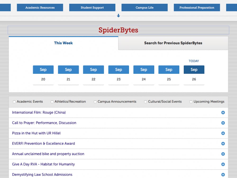 A screenshot of the new format of SpiderBytes, now located on the&nbsp;Current Students page of the University of Richmond website, taken on Sept. 26, 2018.&nbsp;