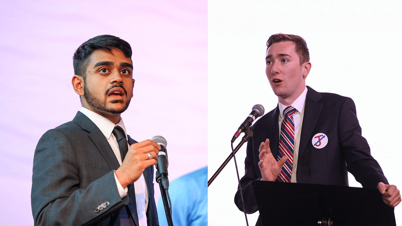 Richmond College presidential candidates Arju Patel (left) and Joseph Coyle (right) debate at the Current on Mach 21.