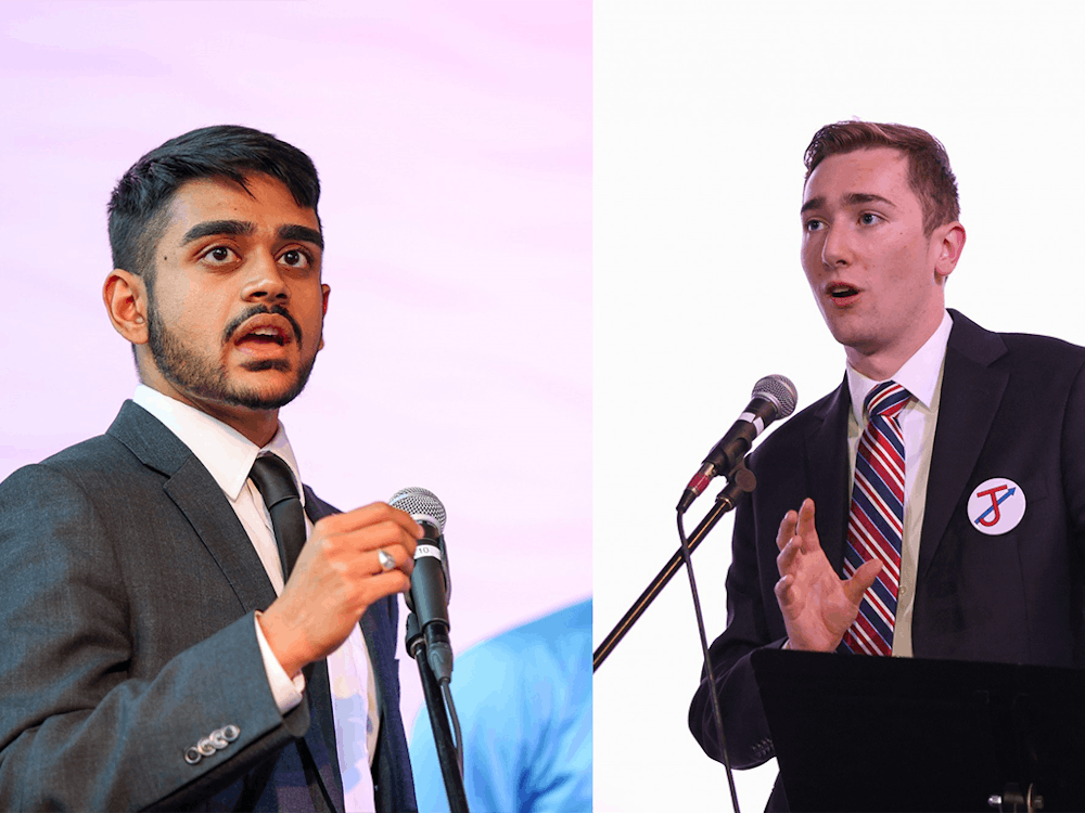 Richmond College presidential candidates Arju Patel (left) and Joseph Coyle (right) debate at the Current on Mach 21.