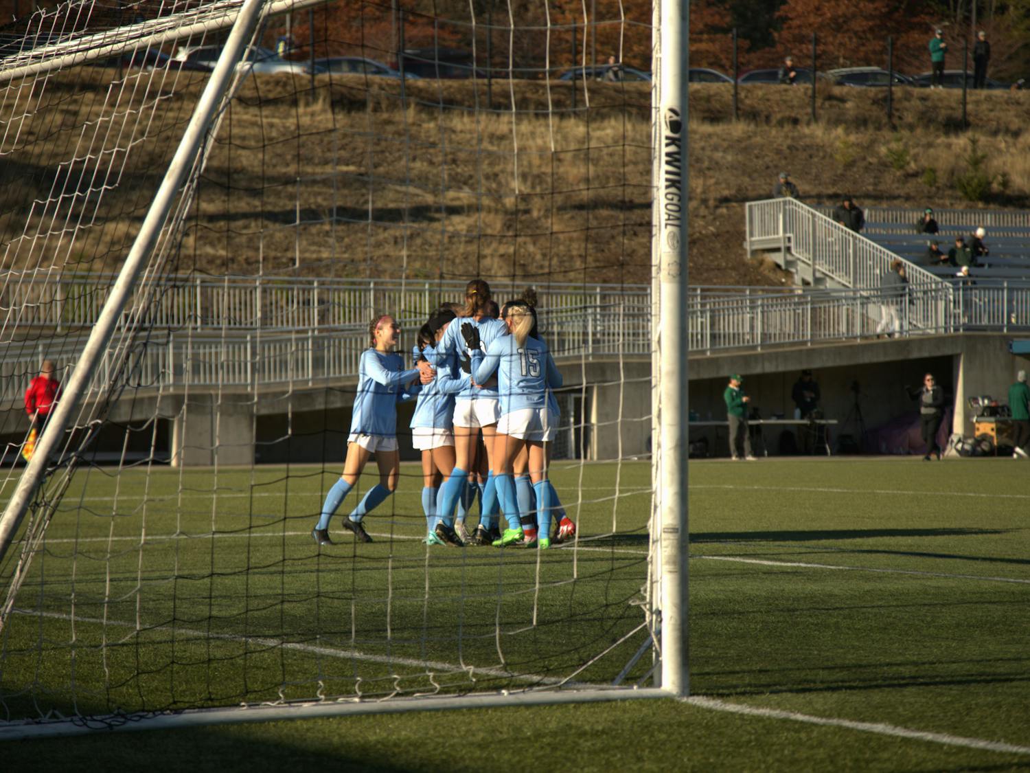 Western women’s soccer team celebrates after an early goal from Morgan Manalili in their game against Concordia University Irvine on Thursday, Nov. 17 at Harrington Field. The only score of the match led to a Viking victory and their fifth regional Division II championship in program history. // Photo by Jack Glenn