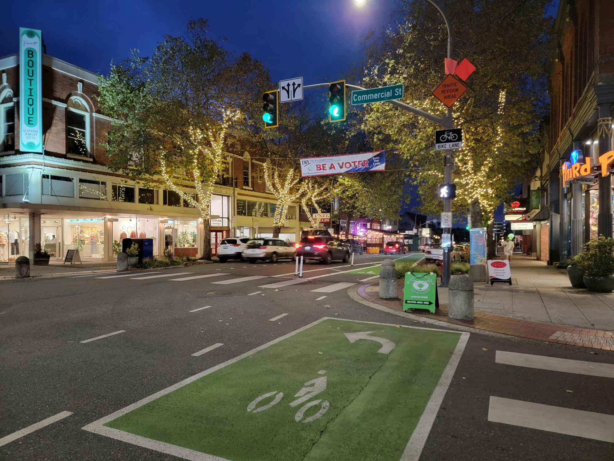 Several images of the new street paint and rules of the road on Holly Street, in downtown Bellingham, on Oct. 23, 2024. The street paint changed the format of the bike, parking and turn lanes between Commercial and Bay Street -- feedback results from the community will be shared in November. // Photos by Larson McDonagh