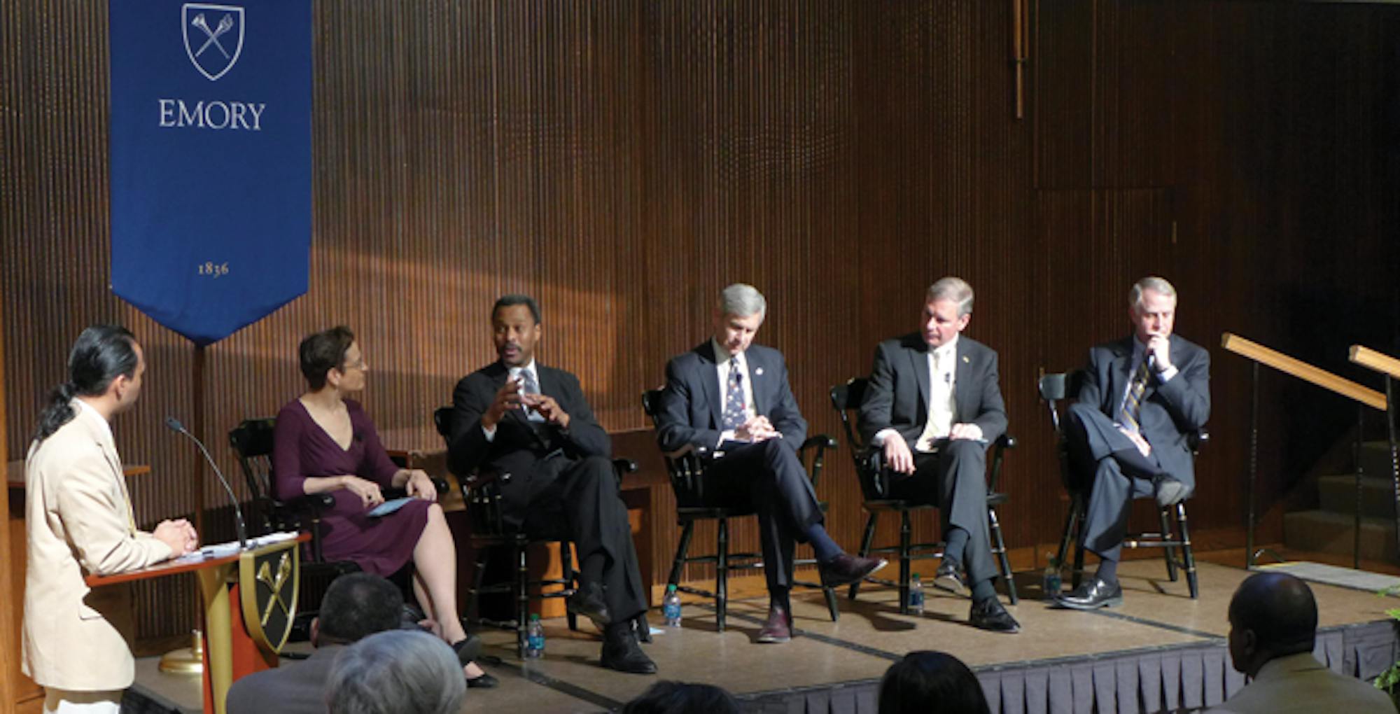 James Crissman/Associate Editor The presidents of five Atlanta colleges, including Emory's James W. Wagner, spoke at Wednesday's