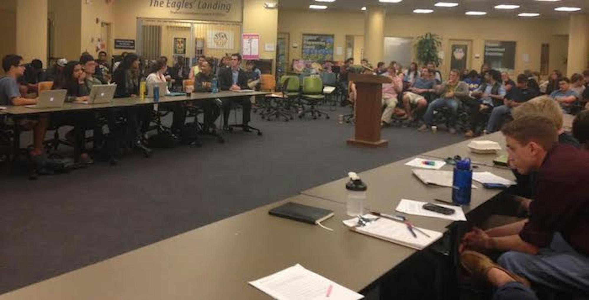 Over 50 students attended Monday’s Student Government Association (SGA) meeting, where the  Legislature conducted an open forum discussion about a resolution concerning the app Yik Yak. Photo by Rupsha Basu/News Editor.