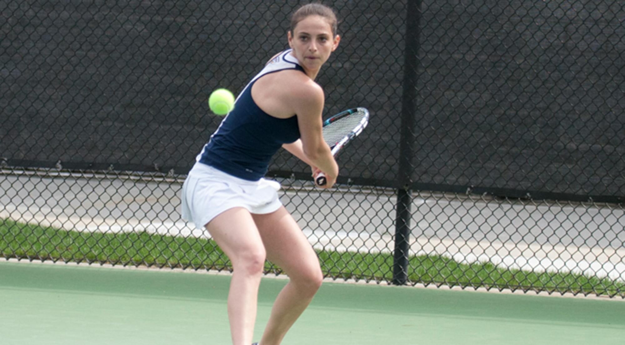 Senior Rebecca Siegler prepares to return the ball. Siegler and the Eagles defeated Johns Hopkins University 8-1 last Saturday. | Courtesy of Emory Athletics