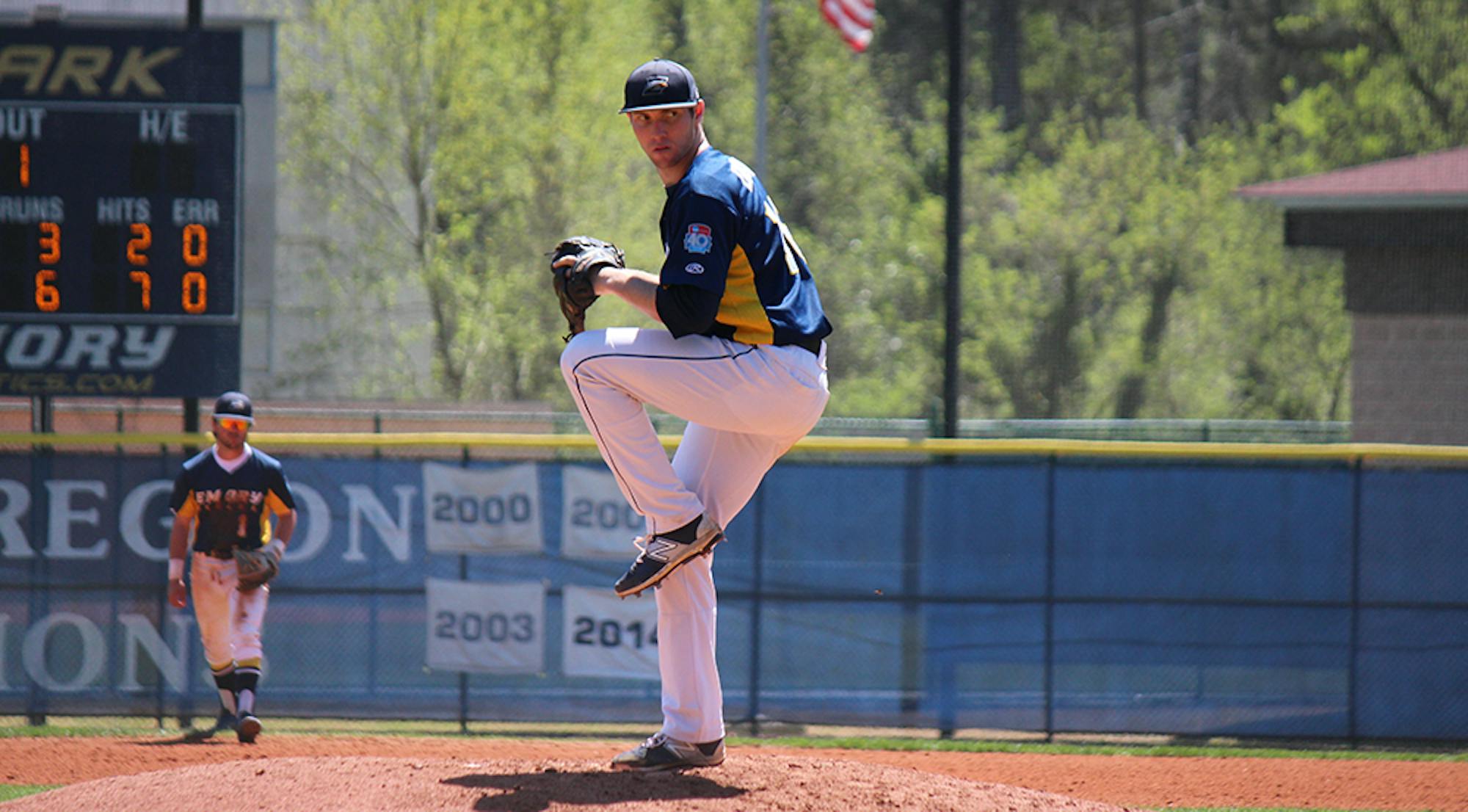 Senior pitcher and captain Connor Dillman winds up to throw a pitch. Dillman and the Eagles defeated Covenant College (Ga.) 10-0 this past Tuesday. The Eagles were scheduled to play Millsaps College (Miss.) today, but due to weather, the game was cancelled.  | Mark Spicer/Staff